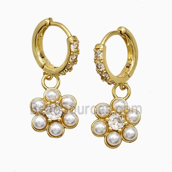 Copper Flower Hoop Earrings Pave Zirconia Pearlized Resin Gold Plated