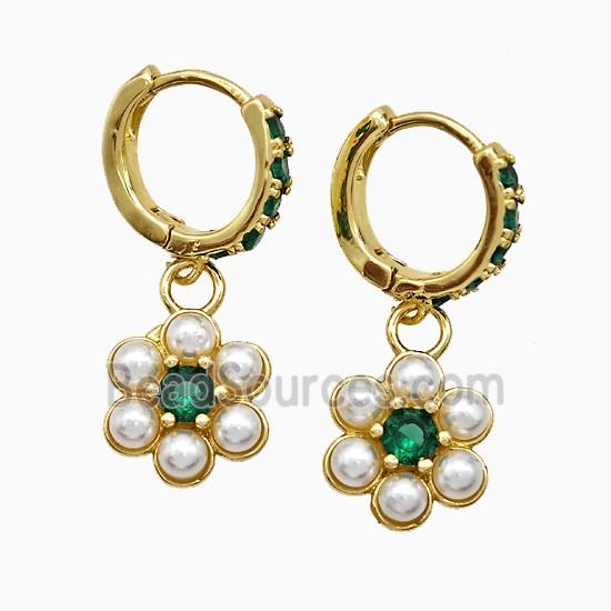 Copper Flower Hoop Earrings Pave Zirconia Pearlized Resin Gold Plated