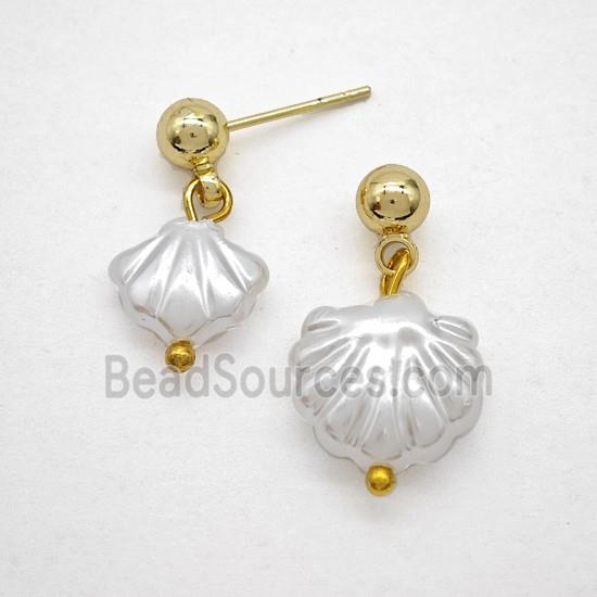 Copper Stud Earrings With Pearlize Resin Scallop Gold Plated