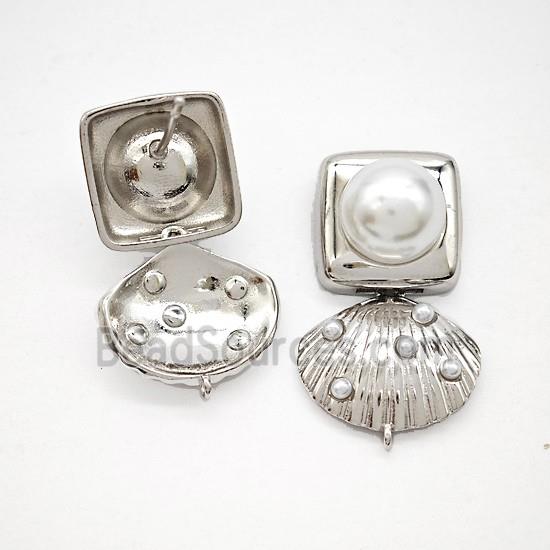 Copper Scallop Shell Stud Earrings Pave Pearlized Resin Platinum Plated