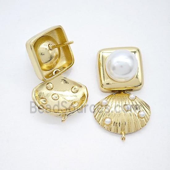 Copper Scallop Shell Stud Earrings Pave Pearlized Resin Gold Plated
