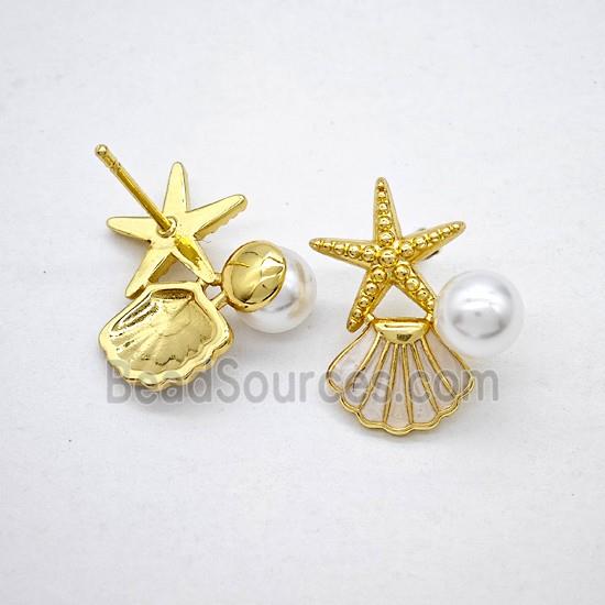Copper Starfish Scallop Stud Earrings Pave Pearlized Resin Enamel Gold Plated