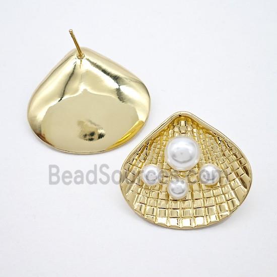 Copper Scallop Shell Stud Earrings Pave Pearlized Resin Gold Plated