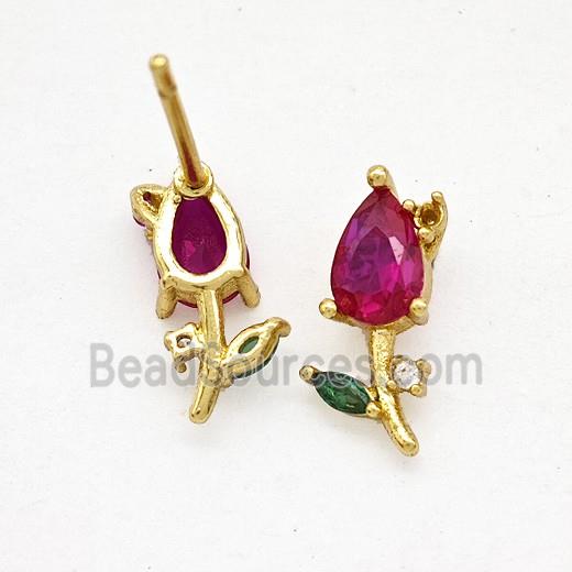 Copper Flower Stud Earrings Pave Crystal Glass Gold Plated