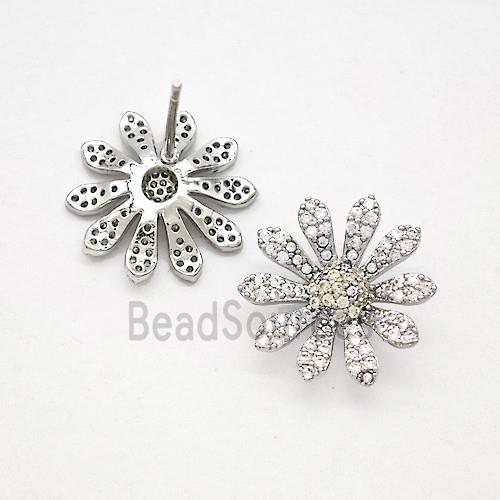 Copper Sunflower Stud Earrings Pave Zirconia Platinum Plated
