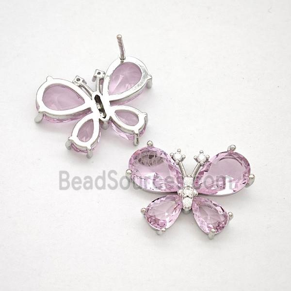 Copper Butterfly Stud Earrings Pave Pink Crystal Glass Platinum Plated