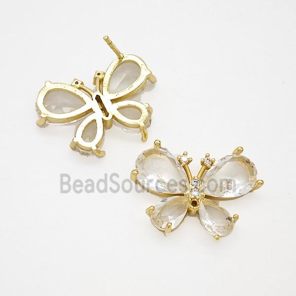 Copper Butterfly Stud Earrings Pave Crystal Glass Gold Plated