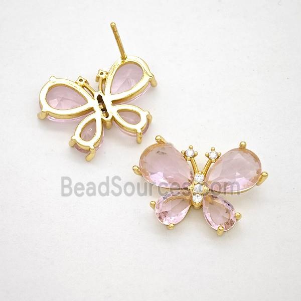 Copper Butterfly Stud Earrings Pave Pink Crystal Glass Gold Plated