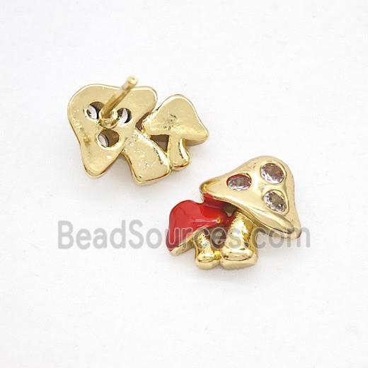 Copper Mushroom Stud Earrings Pave Zirconia Red Enamel Gold Plated