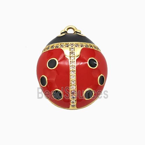 Copper Ladybug Pendant Pave Zirconia Red Enamel Gold Plated