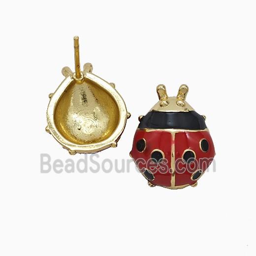 Copper Ladybug Stud Earrings Red Enamel Gold Plated
