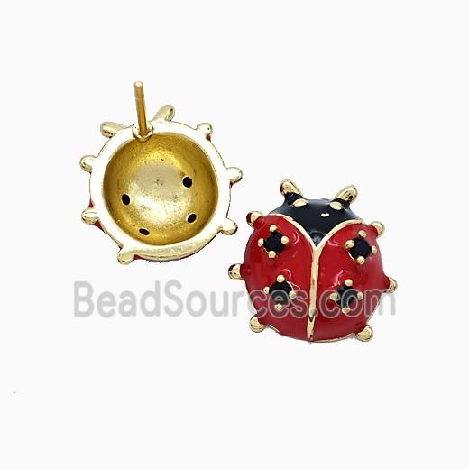 Copper Ladybug Stud Earrings Red Enamel Gold Plated