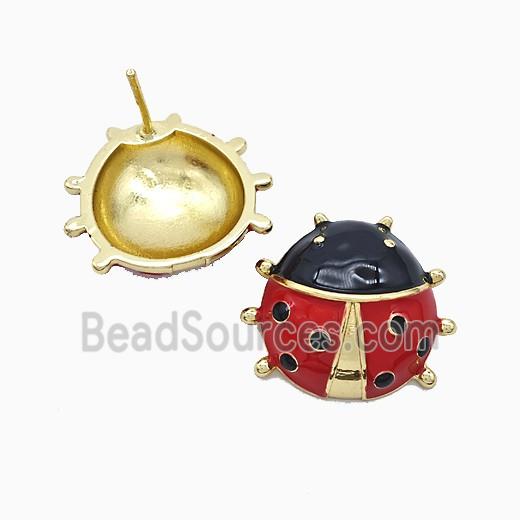 Copper Ladybug Stud Earrings Red Enamel Gold Plated