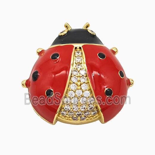 Copper Ladybug Pendant Pave Zirconia Red Enamel Gold Plated