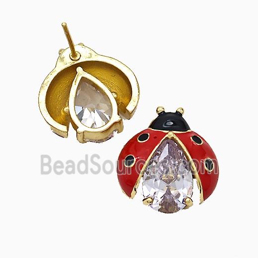 Copper Ladybug Stud Earrings Pave Crystal Glass Red Enamel Gold Plated