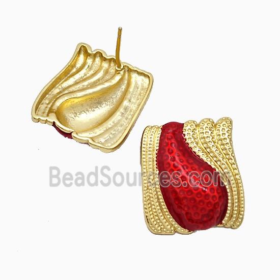 Copper Teardrop Stud Earrings Red Painted Gold Plated