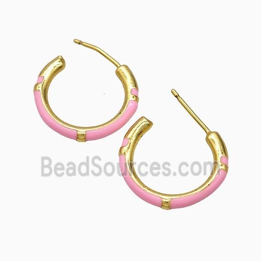 Copper Stud Earrings Pink Enamel Gold Plated