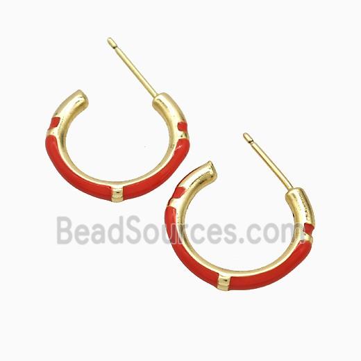 Copper Stud Earrings Red Enamel Gold Plated