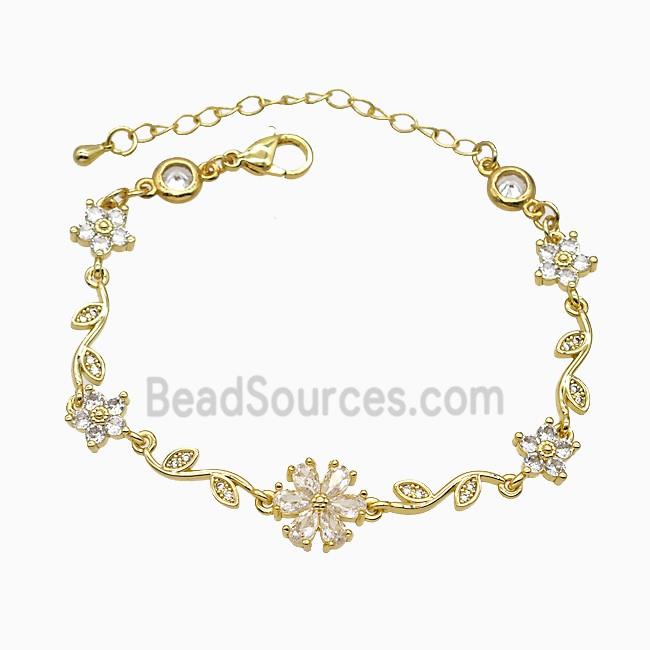 Copper Flower Bracelet Pave Crystal Glass Gold Plated