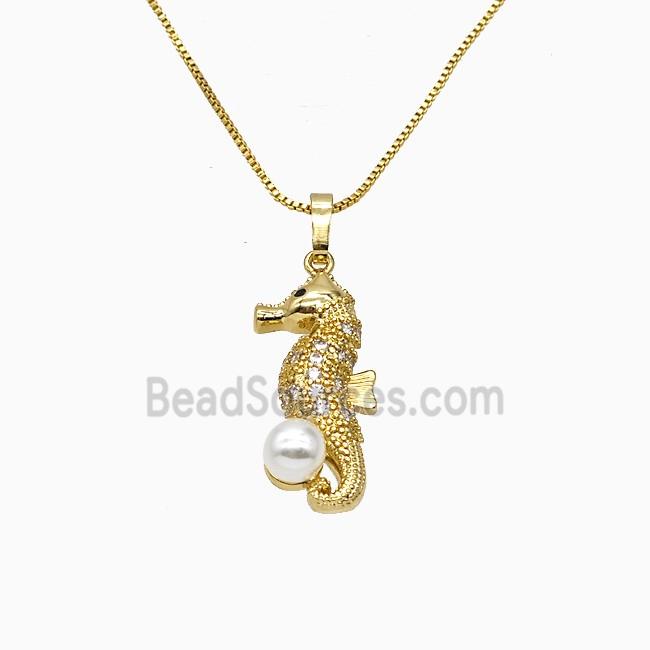 Copper Seahorse Necklace Pave Zirconia Pearlized Resin Gold Plated