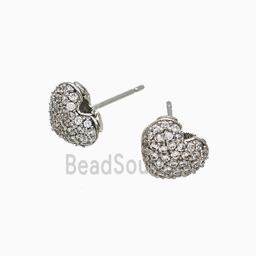 Copper Heart Stud Earrings Micropave Zirconia Platinum Plated
