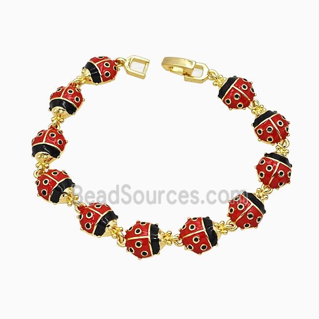 Copper Ladybug Bracelet Red Enamel Gold Plated