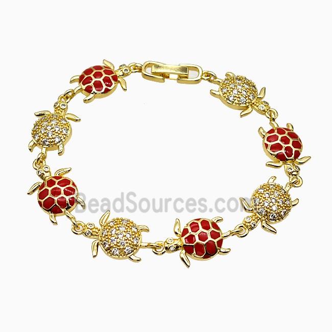 Copper Tortoise Bracelet Pave Zirconia Red Enamel Gold Plated