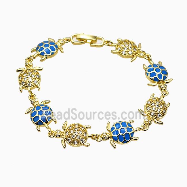 Copper Tortoise Bracelet Pave Zirconia Blue Enamel Gold Plated