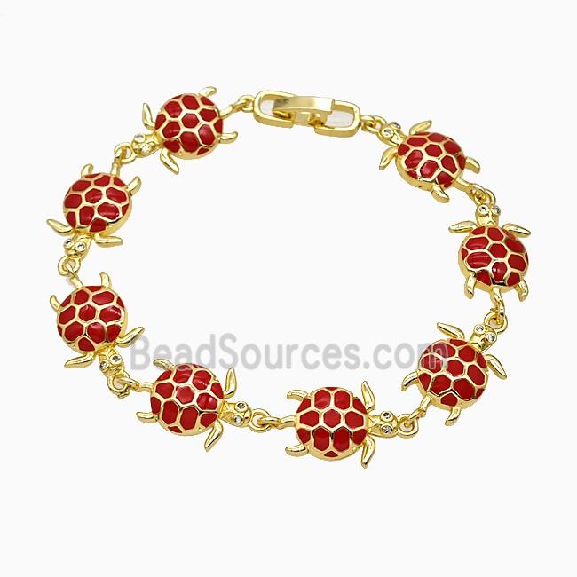 Copper Tortoise Bracelet Red Enamel Gold Plated