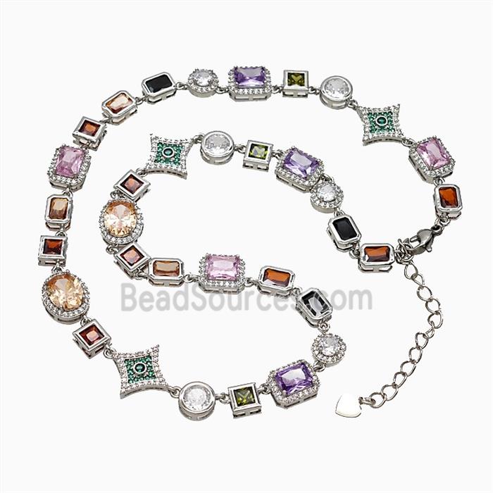 Copper Necklace Pave Multicolor Zirconia Platinum Plated