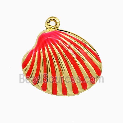 Copper Scallop Shell Pendant Red Enamel Gold Plated