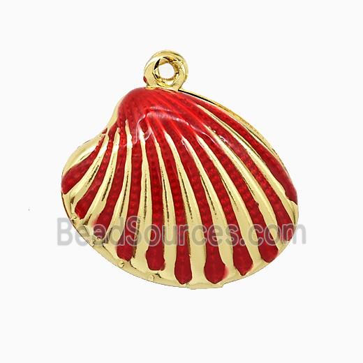 Copper Scallop Shell Pendant Red Enamel Gold Plated