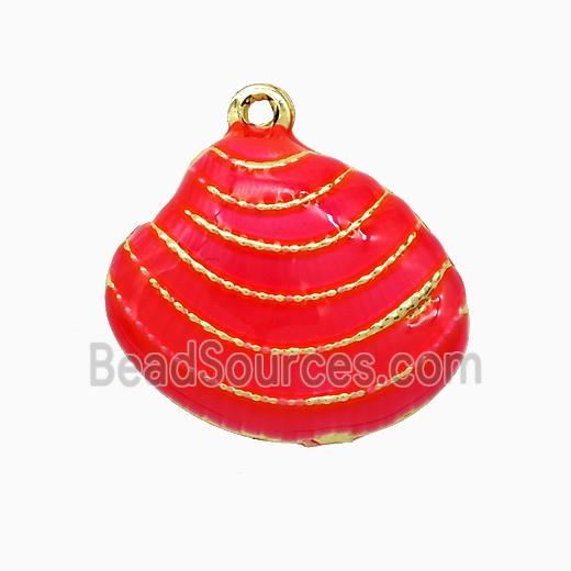 Copper Scallop Shell Pendant Red Enamel Gold Plated