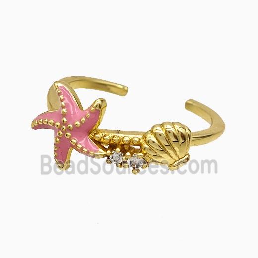 Copper Starfish Rings Pink Enamel Scallop Shell Gold Plated