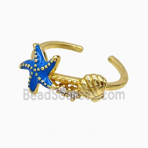 Copper Starfish Rings Blue Enamel Scallop Shell Gold Plated