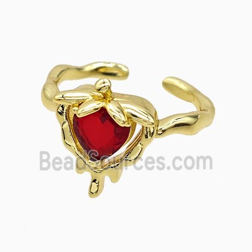 Copper Strawberry Rings Pave Red Crystal Glass Gold Plated