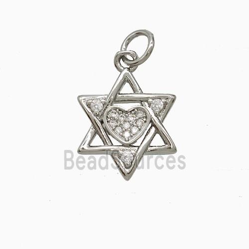 Copper David Star Pendant Pave Zirconia Heart Platinum Plated