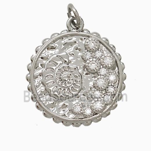 Copper Spiral Shell Pendant Pave Zirconia Circle Platinum Plated