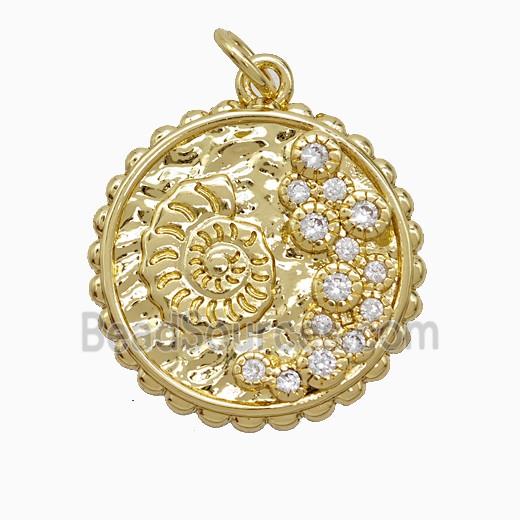 Copper Spiral Shell Pendant Pave Zirconia Circle Gold Plated