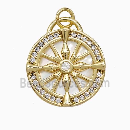 Dharma Wheel Charms Copper Pendant Pave Zirconia Shell Circle Gold Plated