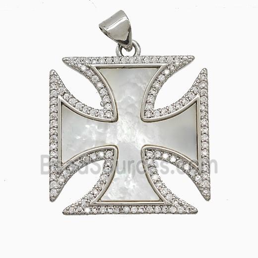 Copper Cross Pendant Pave Zirconia Shell Platinum Plated