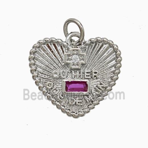 Copper Heart Pendant Pave Zirconia French Love Cross Platinum Plated