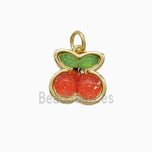 Copper Cherry Pendant Pave Red Resin Gold Plated