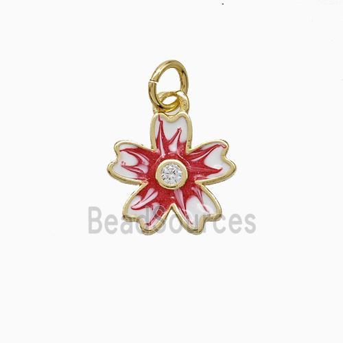 Copper Flower Pendant Red Enamel Gold Plated