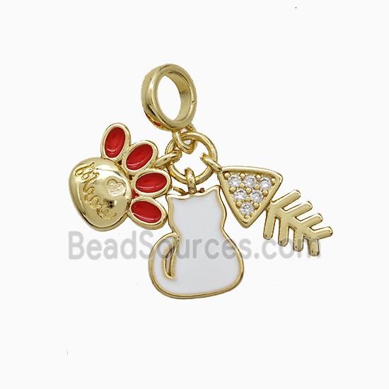 Paws And Cat Fishbone Charms Copper Pendant Pave Zirconia Enamel Gold Plated