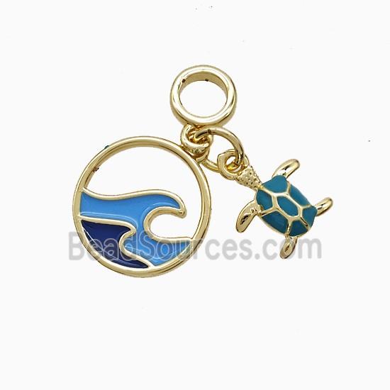 Seawave And Tortoise Charms Copper Pendant Enamel Gold Plated