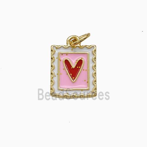 Copper Heart Pendant Red Pink Enamel Rectangle Gold Plated
