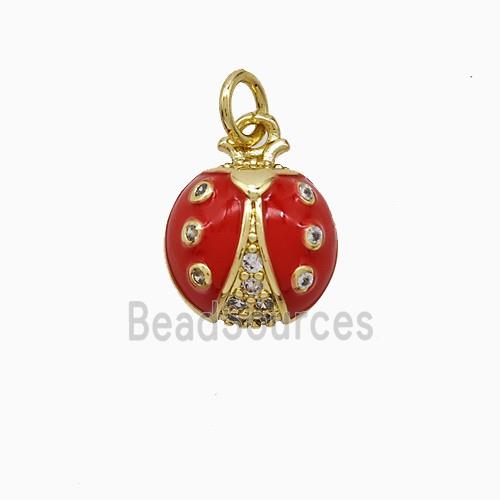 Copper Ladybug Pendant Pave Zirconia Red Enamel Gold Plated