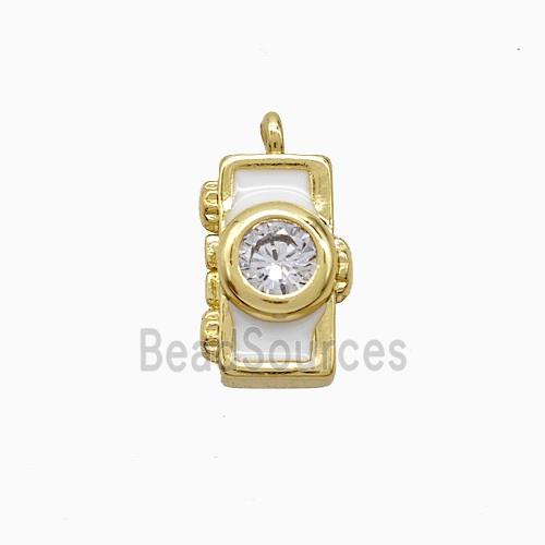 Copper Camera Pendant Pave Zirconia White Enamel Gold Plated