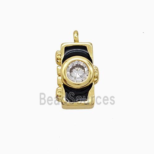 Copper Camera Pendant Pave Zirconia Black Enamel Gold Plated
